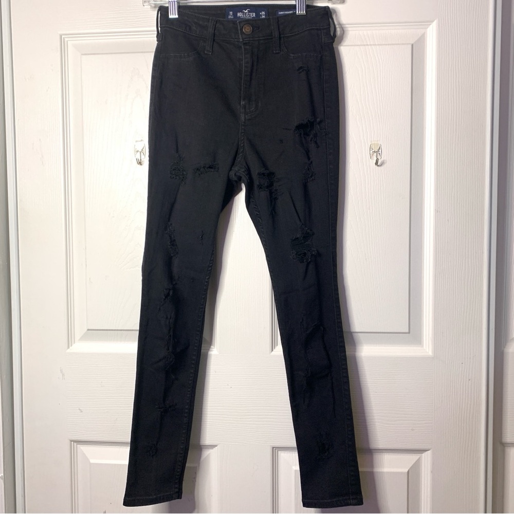 HOLLISTER- CURVY HIGH RISE- STRETCH- DISTRESSED JEAN LEGGINGS - SIZE 1S BLACK